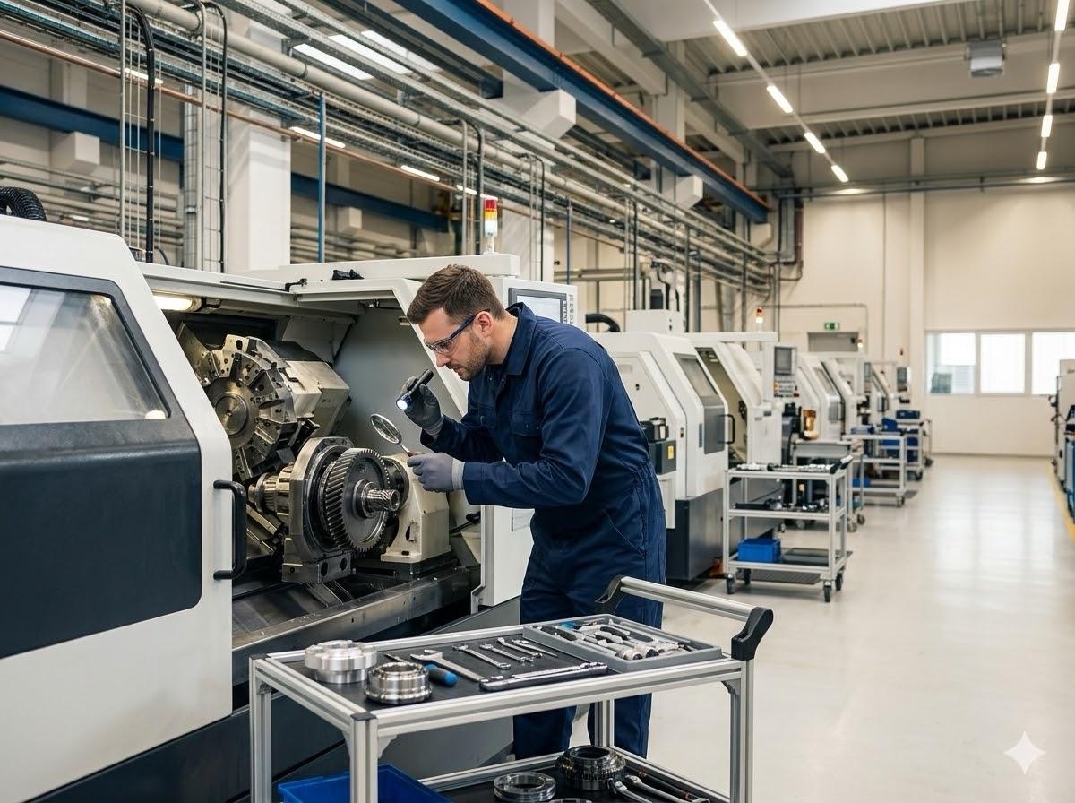 Technician inspecting the tooling of a CNC machine on a clean factory floor